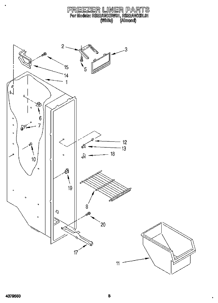 FREEZER LINER Diagram and Parts List for RS22AWXBW01  Roper Refrigerator