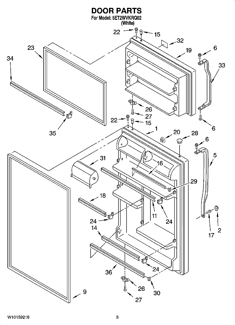 DOOR PARTS Diagram and Parts List for 5ET2WVKRQ02  Whirlpool Refrigerator