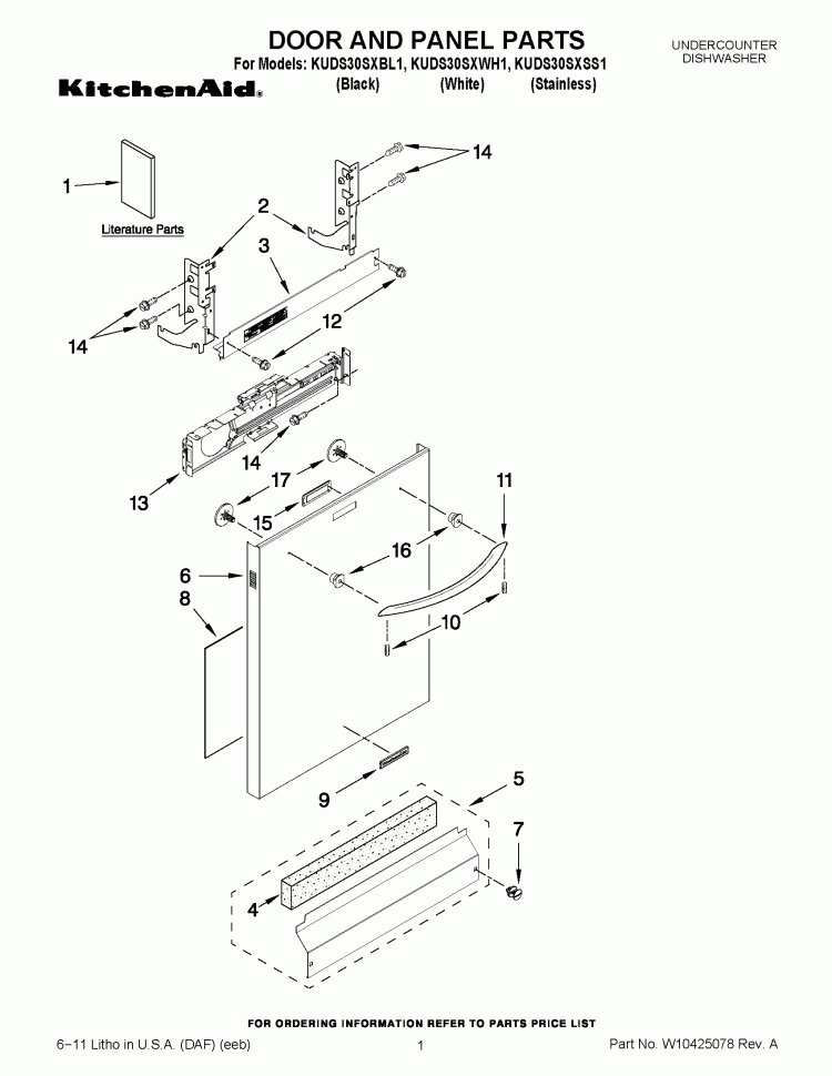 DOOR AND PANEL PARTS Diagram and Parts List for KUDS30SXBL1  KitchenAid Dishwasher