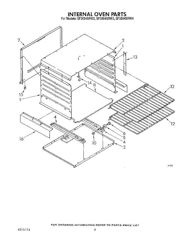 INTERNAL OVEN Diagram and Parts List for SF3004SRW2  Whirlpool Range