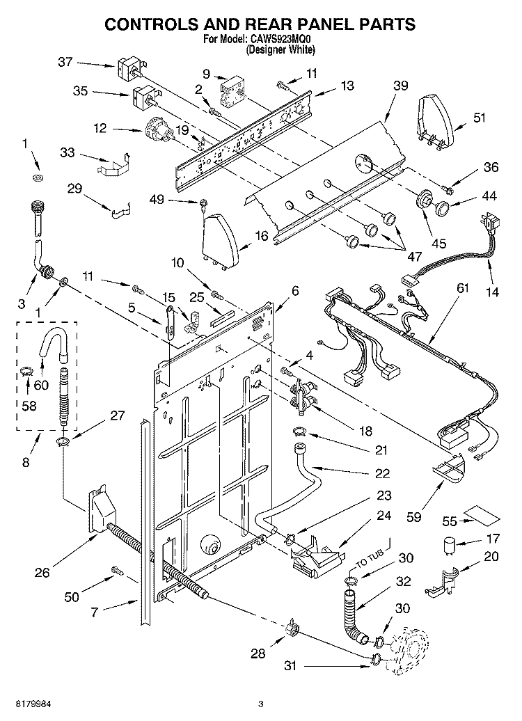 CONTROLS AND REAR PANEL PARTS Diagram and Parts List for CAWS923MQ0  Crosley Washer