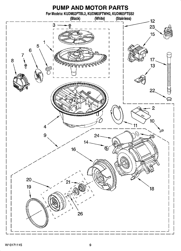 PUMP AND MOTOR PARTS Diagram and Parts List for KUDM03FTWH2  KitchenAid Dishwasher