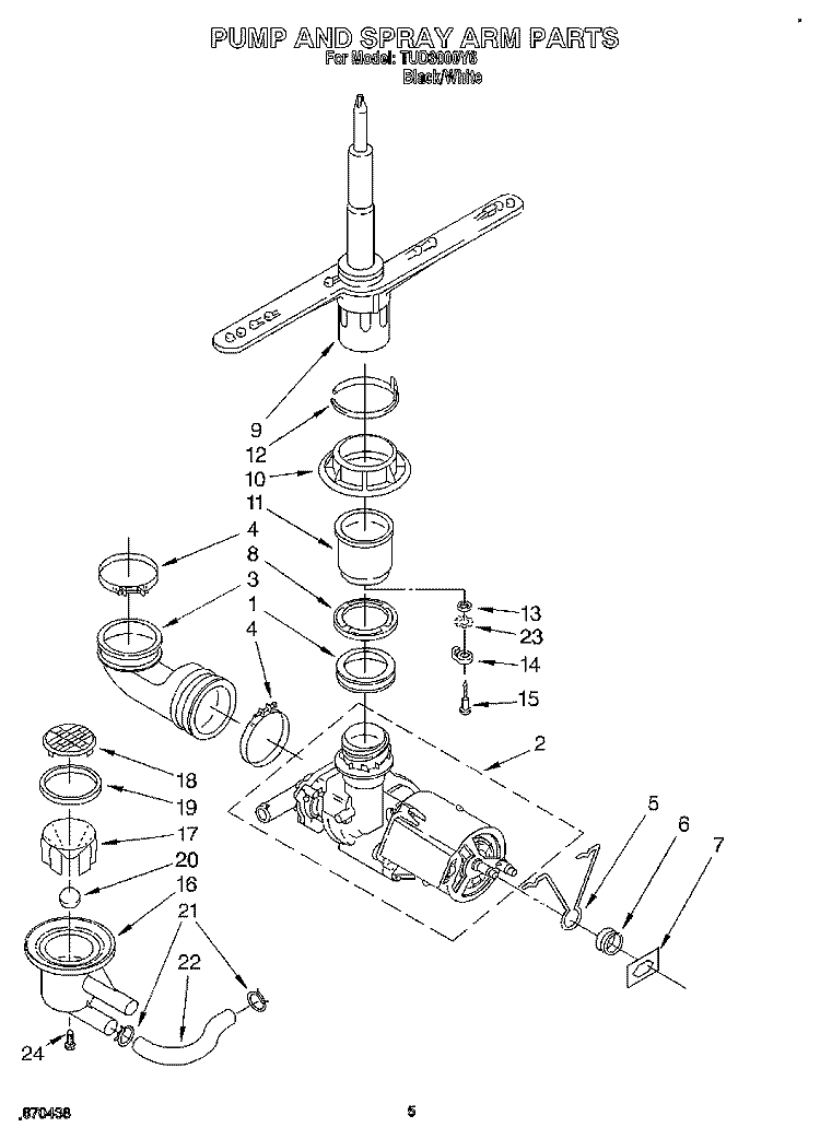 PUMP AND SPRAY ARM Diagram and Parts List for TUD3000Y6  Whirlpool Dishwasher
