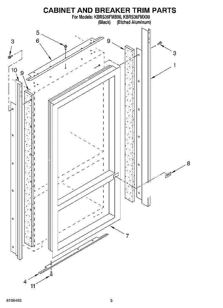 CABINET AND BREAKER TRIM PARTS Diagram and Parts List for KBRS36FMB00  KitchenAid Refrigerator