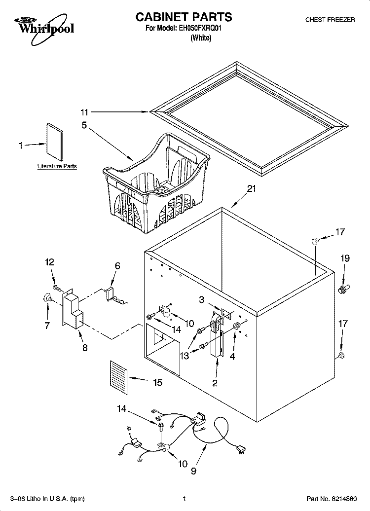 CABINET PARTS Diagram and Parts List for EH050FXRQ01  Whirlpool Freezer