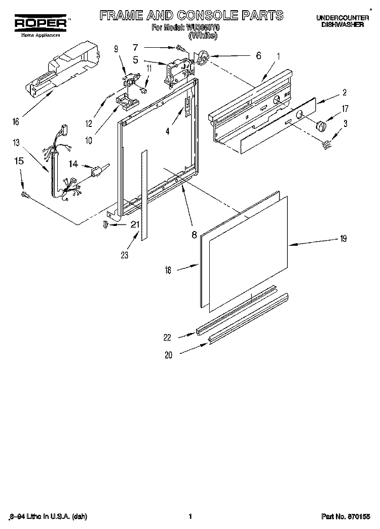 FRAME AND CONSOLE Diagram and Parts List for WU3050Y0  Roper Dishwasher