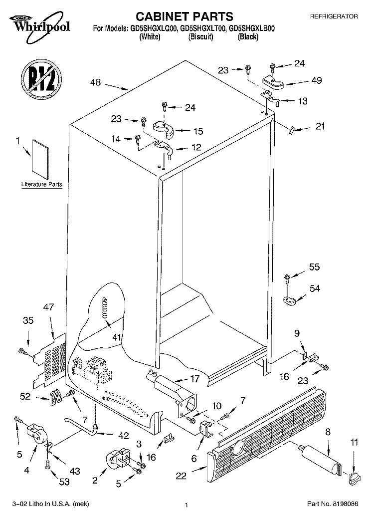 CABINET, LITERATURE Diagram and Parts List for GD5SHGXLT00  Whirlpool Refrigerator