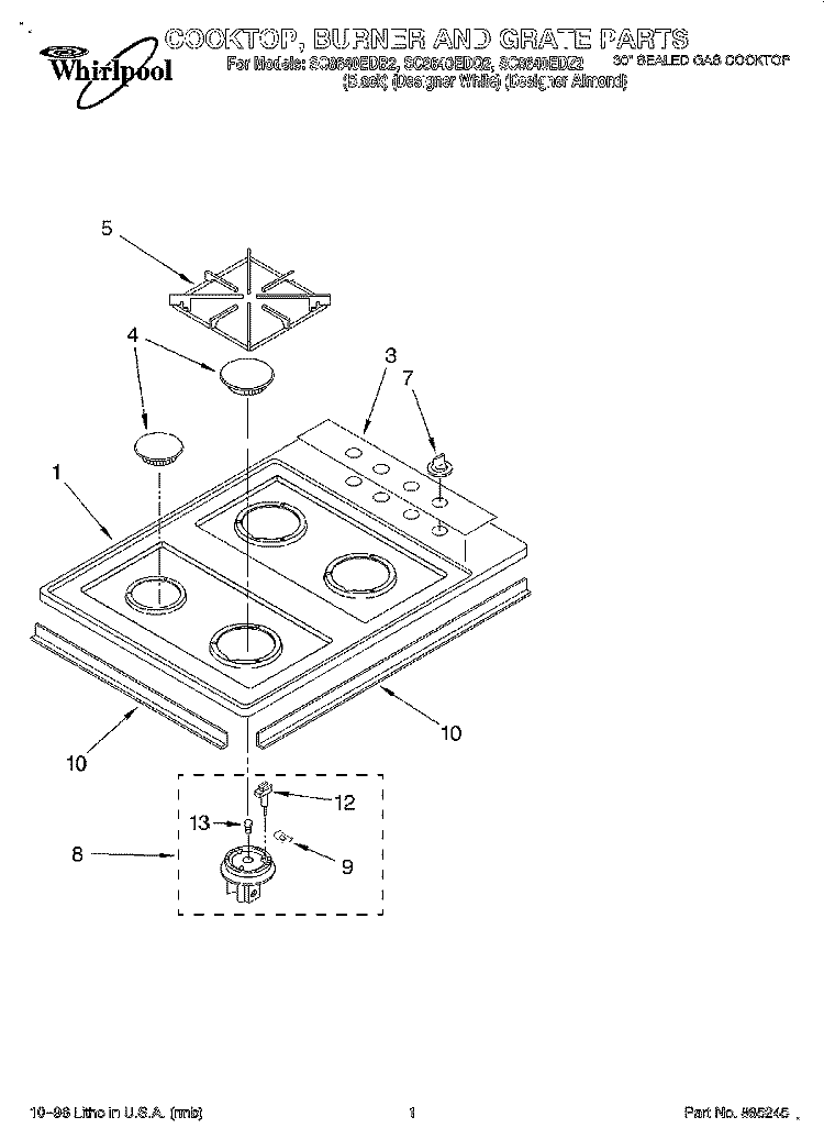 COOKTOP, BURNER AND GRATE Diagram and Parts List for SC8640EDB2  Whirlpool Cooktop