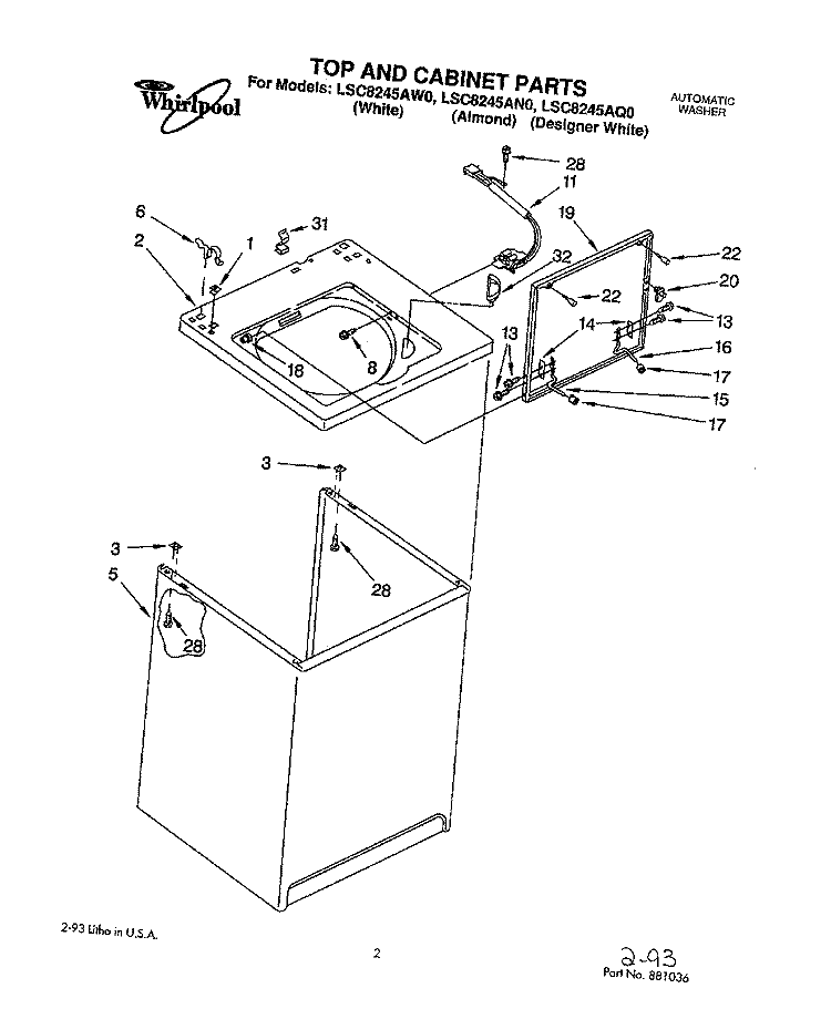 TOP AND CABINET, LIT/OPTIONAL Diagram and Parts List for LSC8245AQ0  Whirlpool Washer