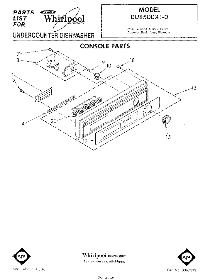 CONSOLE Diagram and Parts List for DU8500XT0  Whirlpool Dishwasher