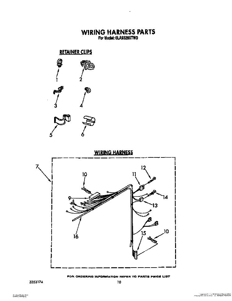 WIRING HARNESS Diagram and Parts List for 6LA9320XTW0  Whirlpool Washer
