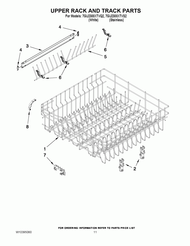 UPPER RACK AND TRACK PARTS Diagram and Parts List for 7GU2300XTVS2  Whirlpool Dishwasher