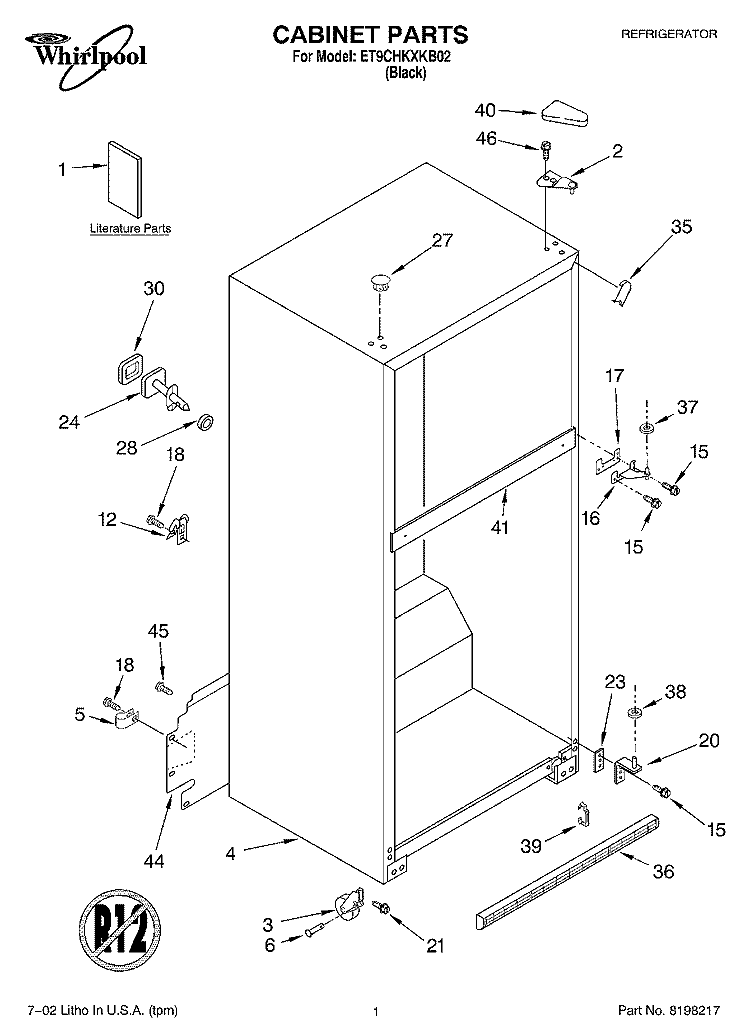 CABINET, LITERATURE Diagram and Parts List for ET9CHKXKB02  Whirlpool Refrigerator