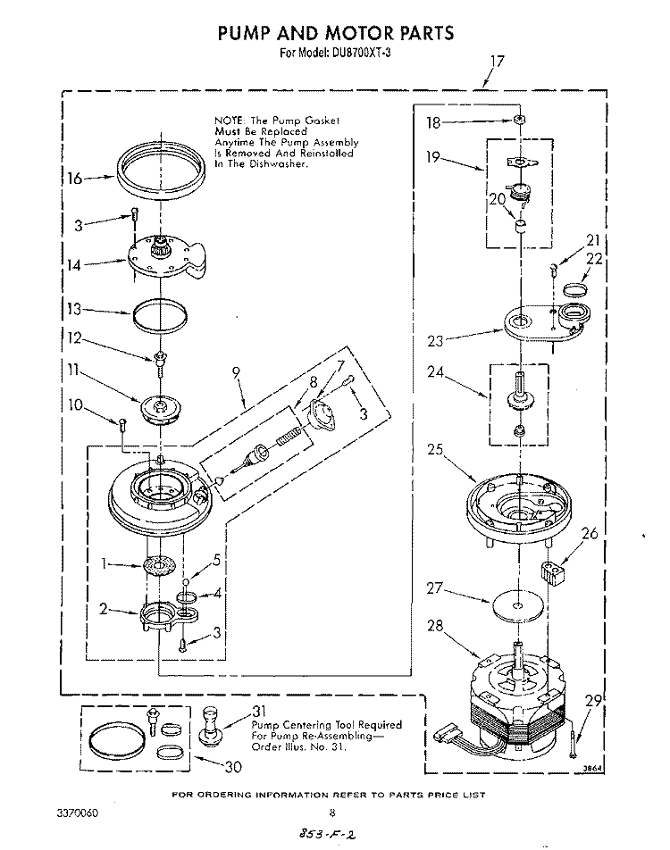 PUMP AND MOTOR Diagram and Parts List for DU8700XT3  Whirlpool Dishwasher