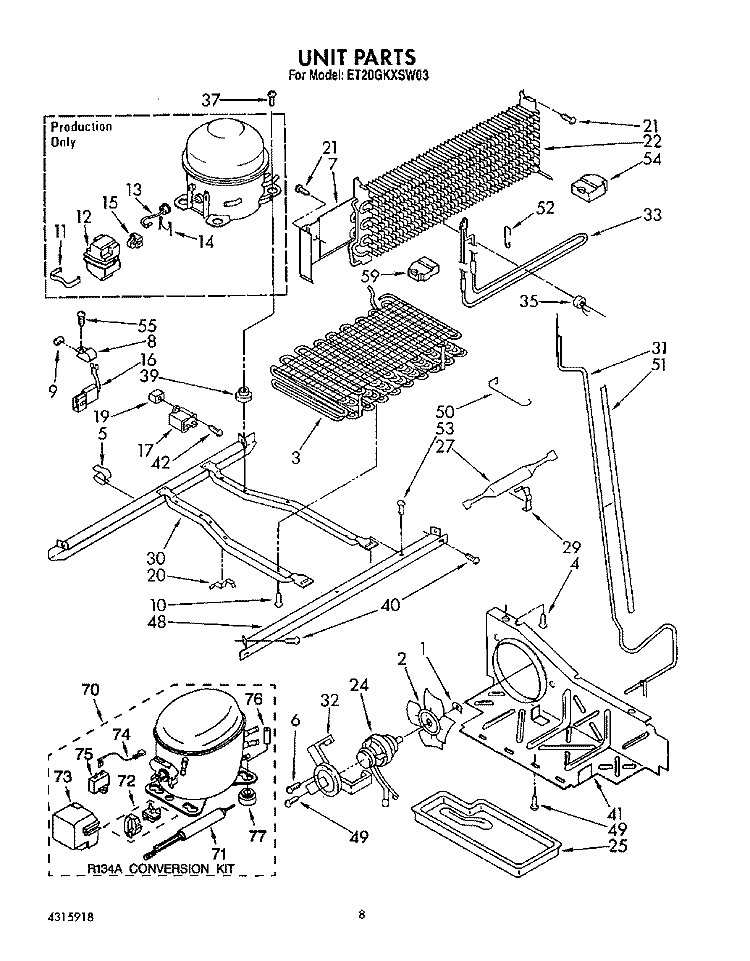 UNIT Diagram and Parts List for ET20GKXSW03  Whirlpool Refrigerator
