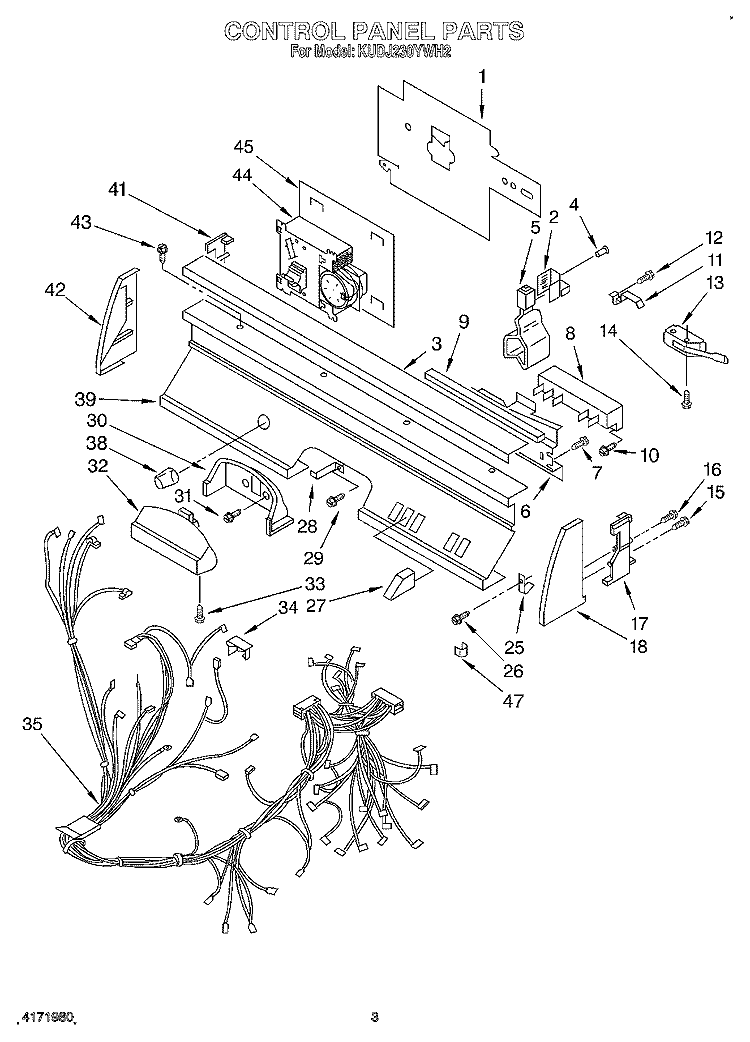 CONTROL PANEL, LIT/OPTIONAL Diagram and Parts List for KUDJ230YWH2  KitchenAid Dishwasher
