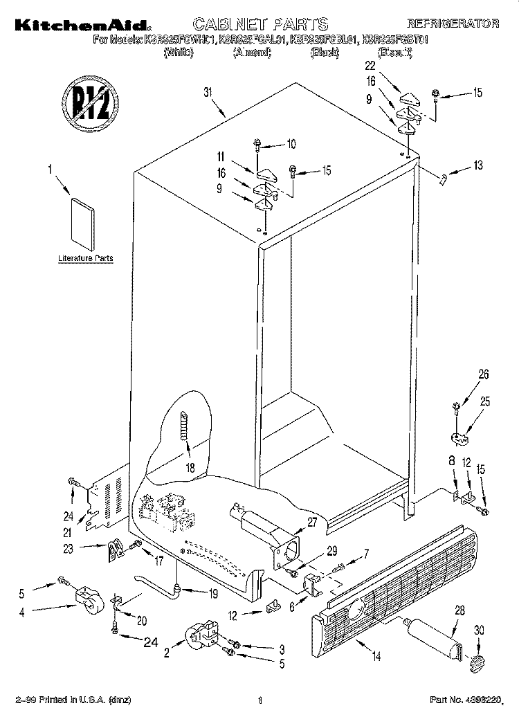 CABINET, LITERATURE Diagram and Parts List for KSRS25FGWH01  KitchenAid Refrigerator