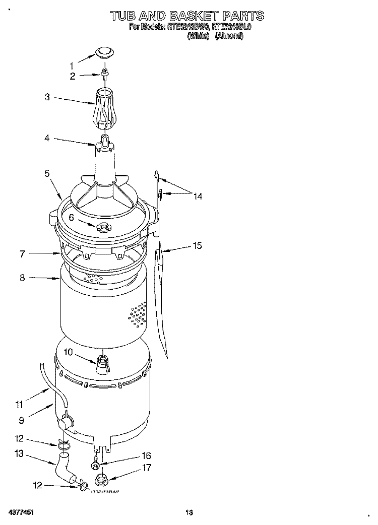 TUB AND BASKET Diagram and Parts List for RTE5243BW0  Roper Washer Dryer Combo