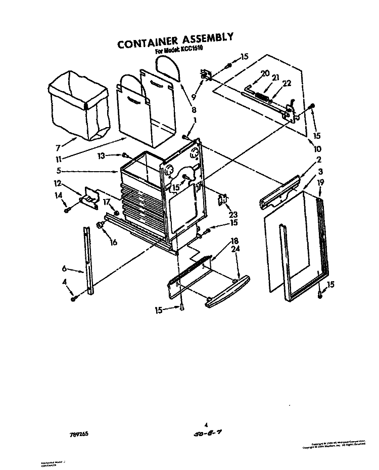 CONTAINER Diagram and Parts List for KCC1510  KitchenAid Trash Compactor