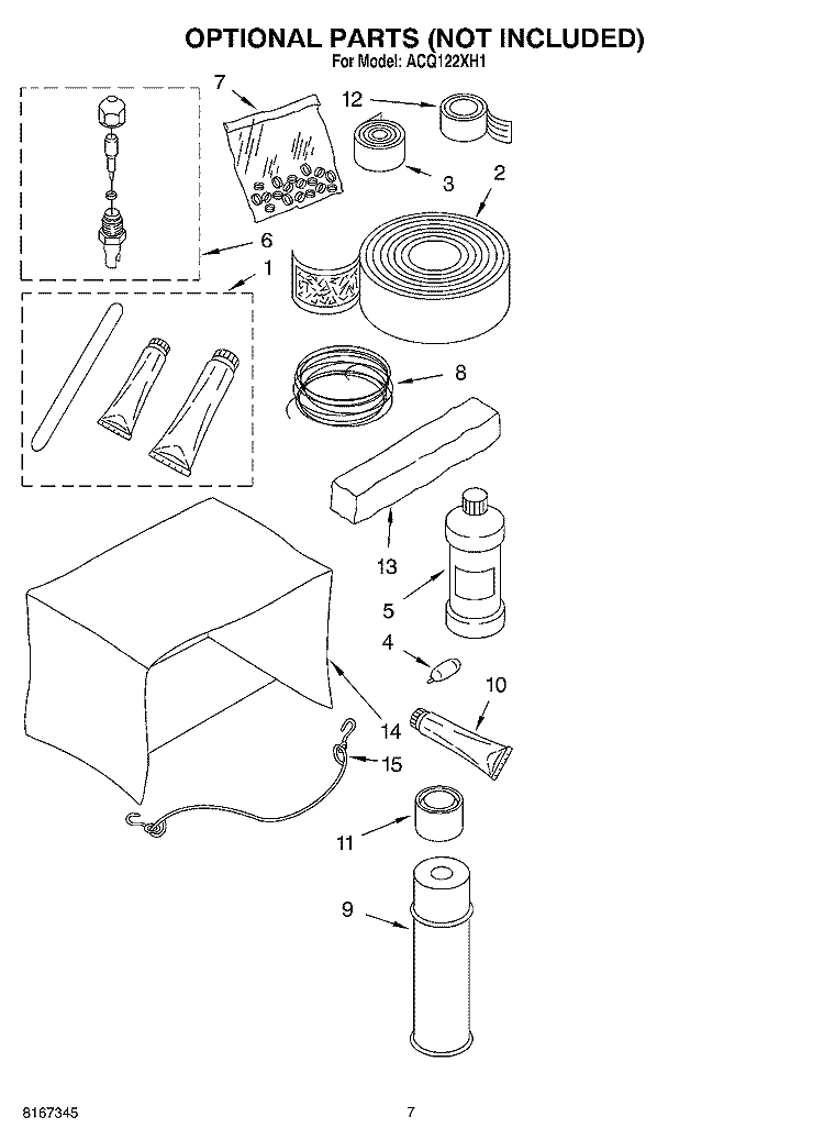 OPTIONAL  PARTS (NOT INCLUDED) Diagram and Parts List for ACQ122XH1  Whirlpool Air Conditioner
