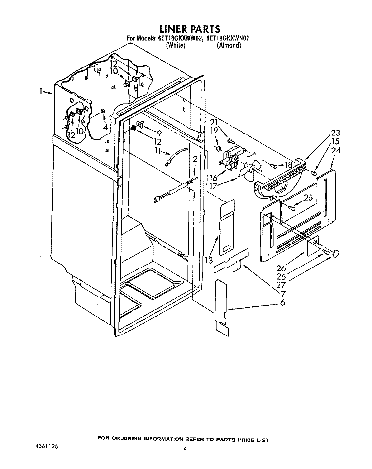 LINER Diagram and Parts List for 6ET18GKXWN02  Whirlpool Refrigerator