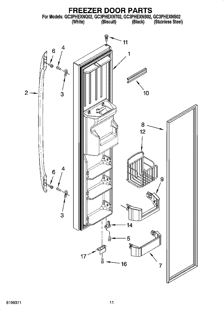 FREEZER DOOR PARTS Diagram and Parts List for GC3PHEXNS02  Whirlpool Refrigerator
