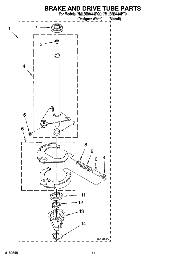 BRAKE AND DRIVE TUBE PARTS Diagram and Parts List for 7MLBR8444PQ0  Whirlpool Washer