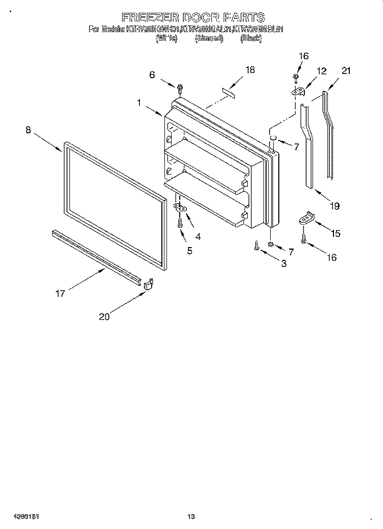 FREEZER DOOR, LIT/OPTIONAL Diagram and Parts List for KTRV20MGBL01  KitchenAid Refrigerator