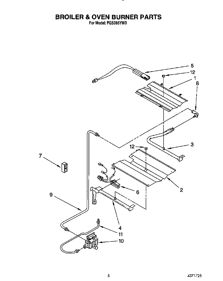 BROILER AND OVEN BURNER Diagram and Parts List for FGS395YW0  Roper Range