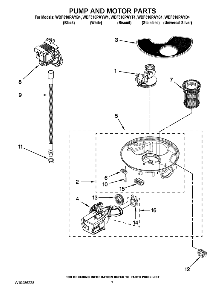 PUMP AND MOTOR PARTS Diagram and Parts List for WDF510PAYS4  Whirlpool Dishwasher