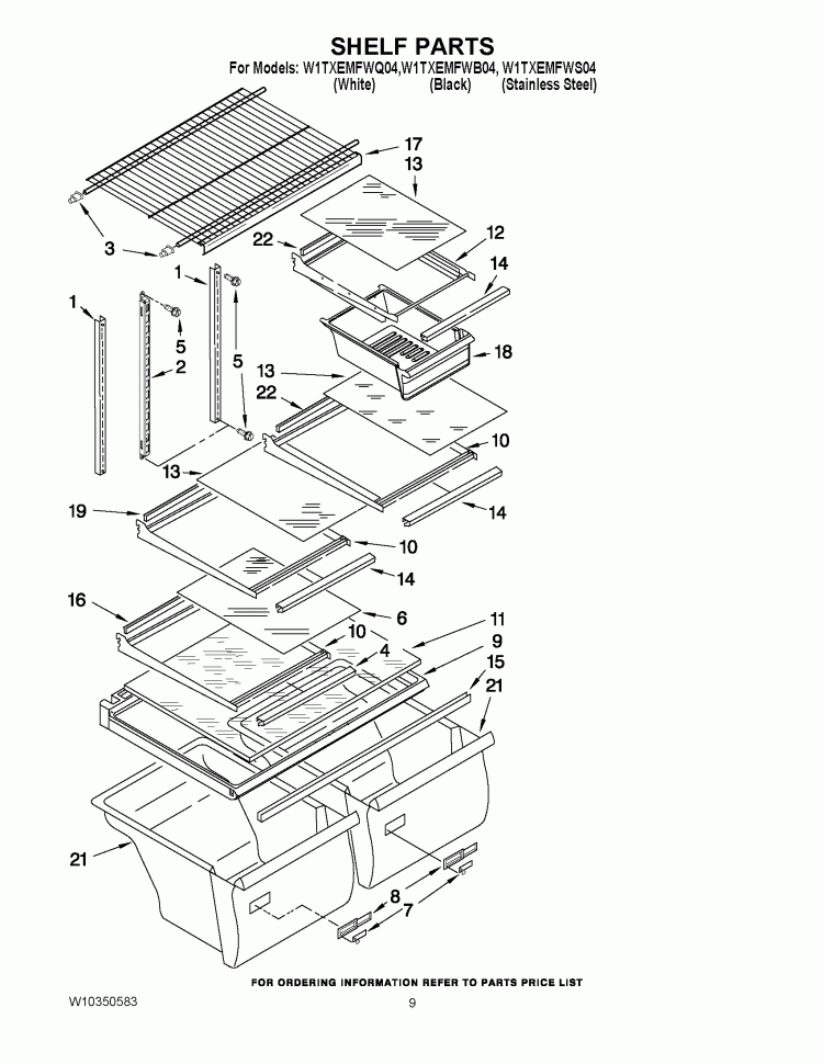 SHELF PARTS Diagram and Parts List for W1TXEMFWS04  Whirlpool Refrigerator