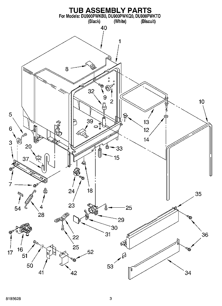 TUB ASSENBLY Diagram and Parts List for DU900PWKB0  Whirlpool Dishwasher