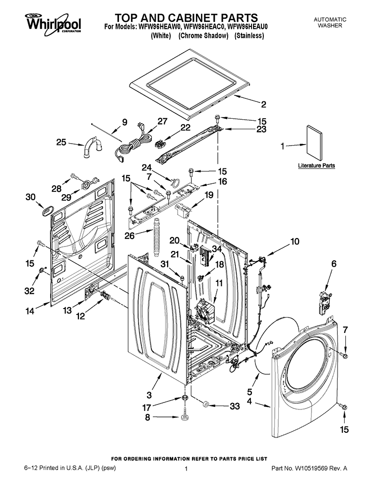 TOP AND CABINET PARTS Diagram and Parts List for WFW96HEAU0  Whirlpool Washer