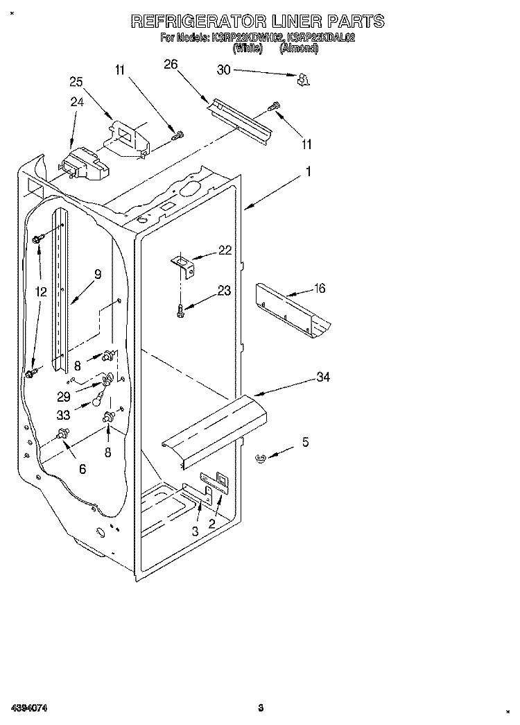 REFRIGERATOR LINER Diagram and Parts List for KSRP22KDAL02  KitchenAid Refrigerator