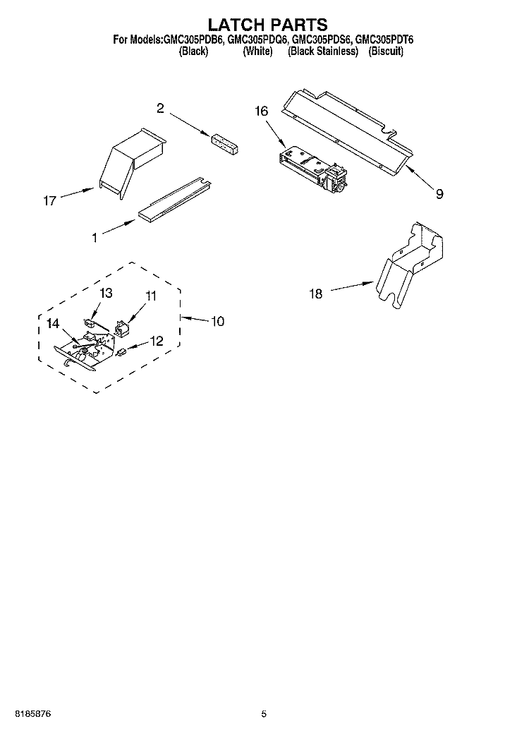 LATCH Diagram and Parts List for GMC305PDB6  Whirlpool Microwave Oven Combo