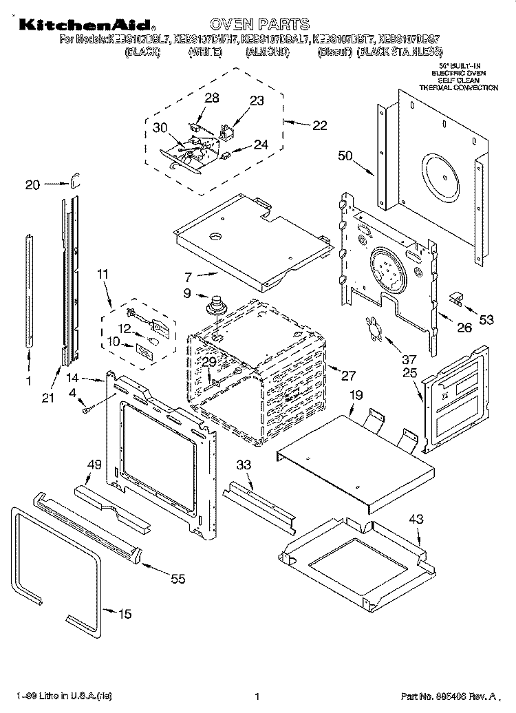 OVEN Diagram and Parts List for KEBS107DWH7  KitchenAid Wall Oven