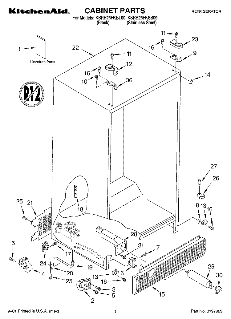 CABINET, LITERATURE Diagram and Parts List for KSRB25FKSS00  KitchenAid Refrigerator