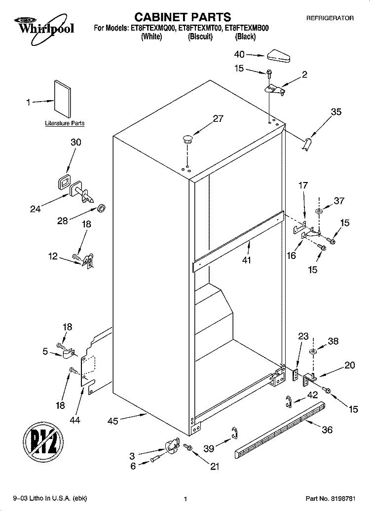 CABINET PARTS Diagram and Parts List for ET8FTEXMQ00  Whirlpool Refrigerator