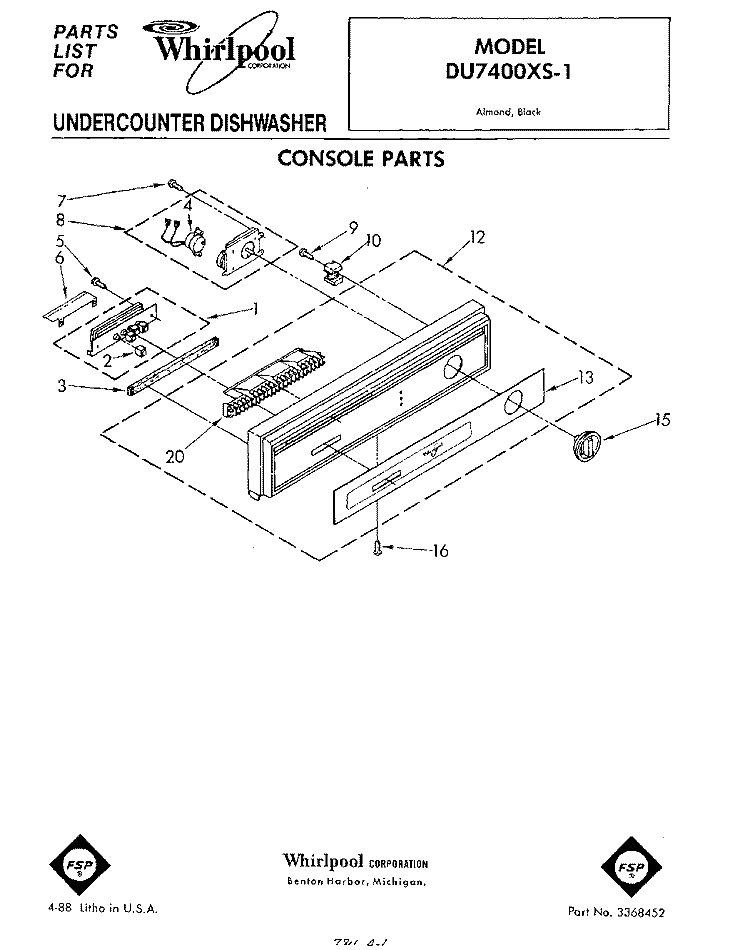 CONSOLE Diagram and Parts List for DU7400XS1  Whirlpool Dishwasher