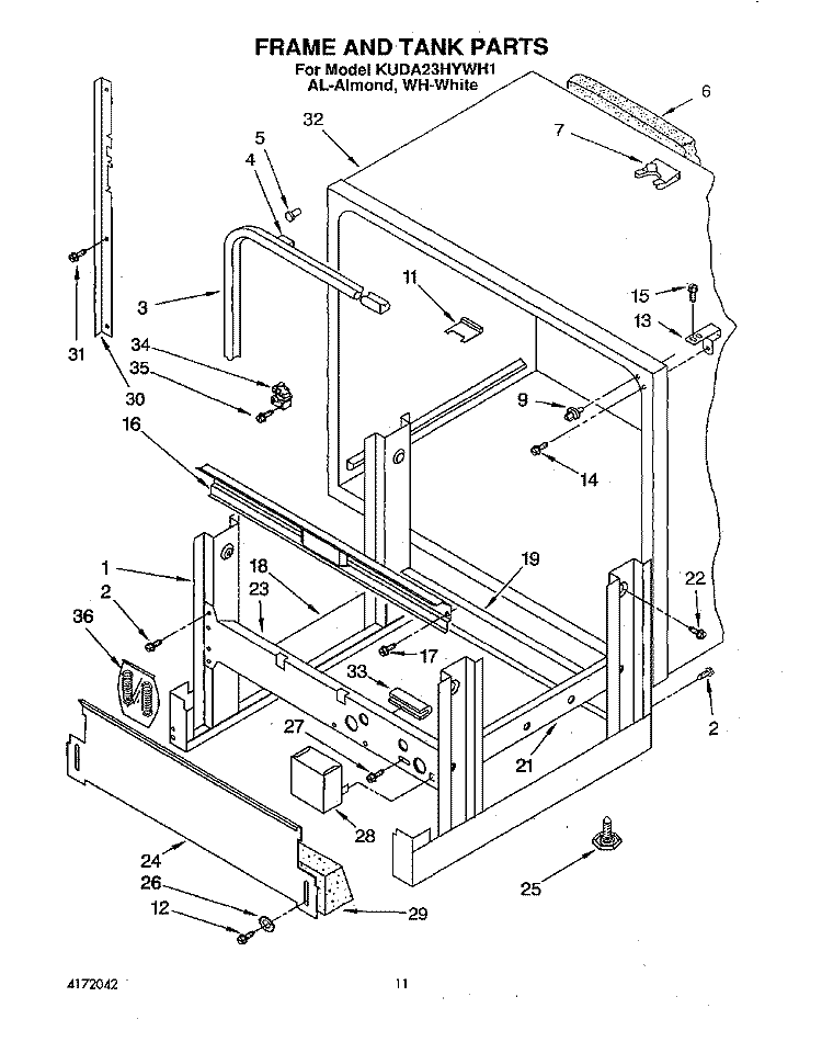 FRAME AND TANK Diagram and Parts List for KUDA23HYWH1  KitchenAid Dishwasher