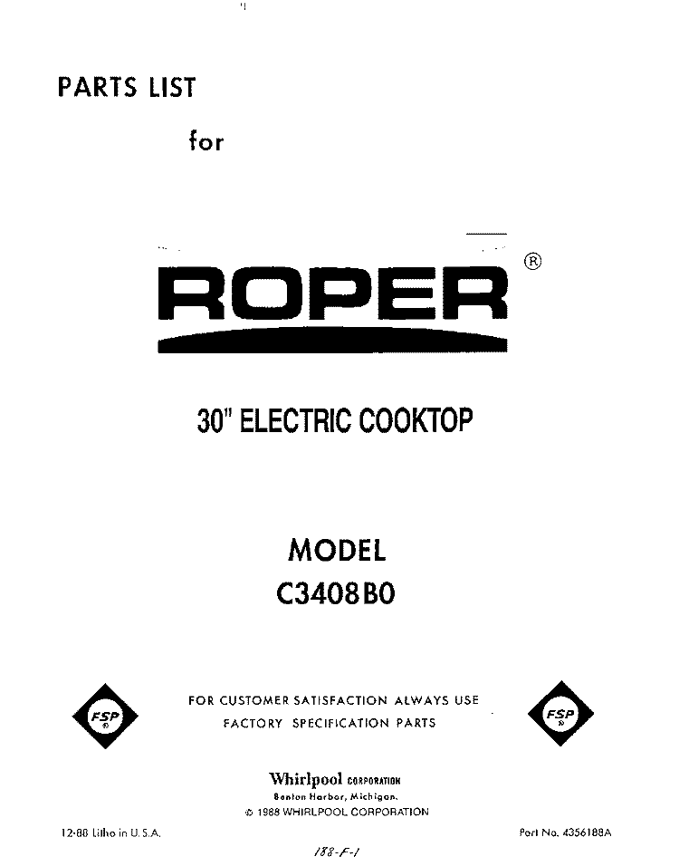 COVER Diagram and Parts List for C3408B0  Roper Range