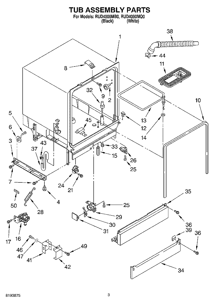 TUB ASSEMBLY PARTS Diagram and Parts List for RUD4000MQ0  Roper Dishwasher