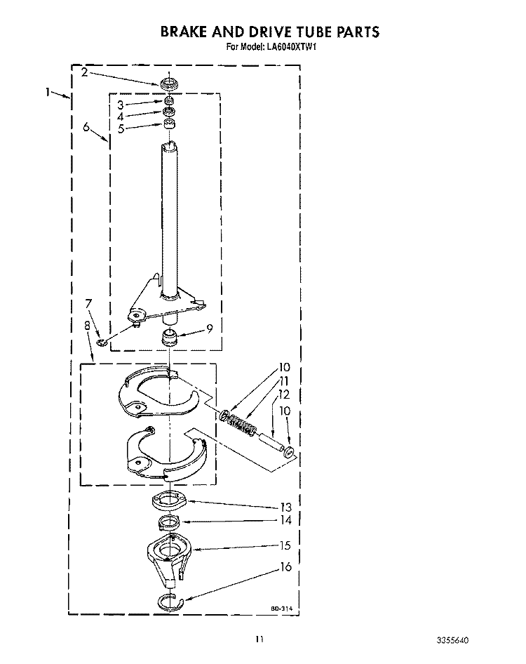 BRAKE AND DRIVE TUBE Diagram and Parts List for LA6040XTF1  Whirlpool Washer