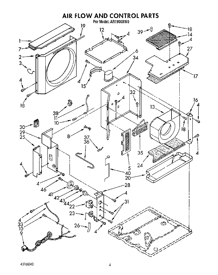 AIR FLOW AND CONTROL Diagram and Parts List for AR1800XW0  Whirlpool Air Conditioner