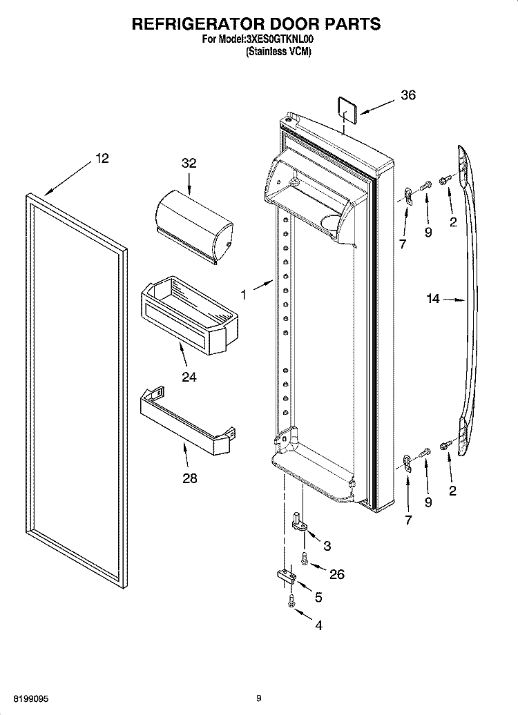 REFRIGERATOR DOOR PARTS Diagram and Parts List for 3XES0GTKNL00  Whirlpool Refrigerator