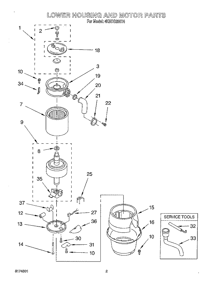 SECTION Diagram and Parts List for 4KBDS250T4  KitchenAid Food Waste Disposer