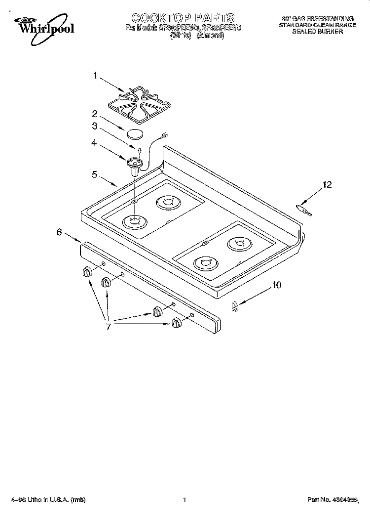 COOKTOP Diagram and Parts List for SF305PEEN0  Whirlpool Range