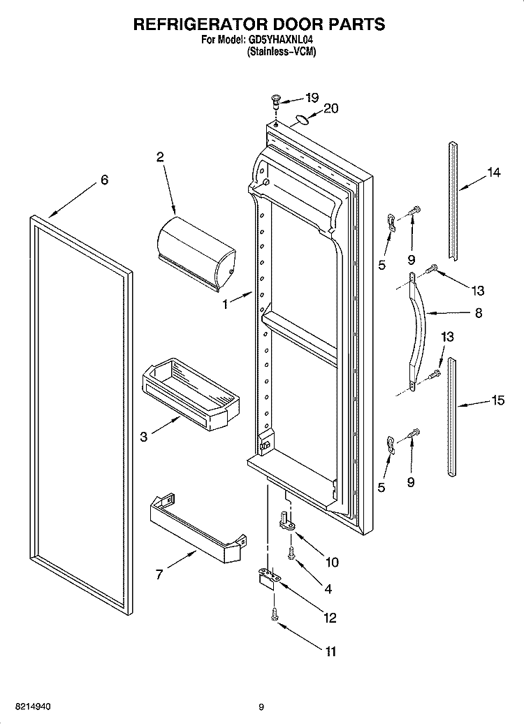 REFRIGERATOR DOOR PARTS Diagram and Parts List for GD5YHAXNL04  Whirlpool Refrigerator