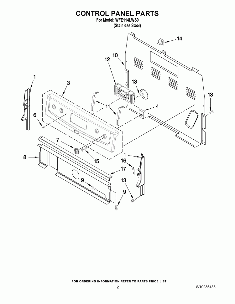 CONTROL PANEL PARTS Diagram and Parts List for WFE114LWS0  Whirlpool Range