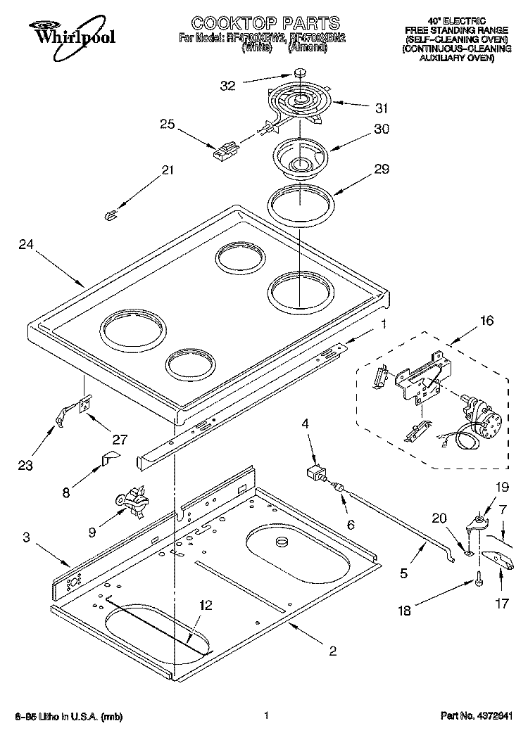 COOKTOP Diagram and Parts List for RF4700XBW2  Whirlpool Range